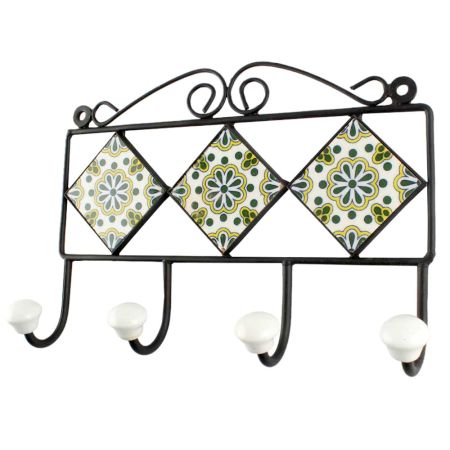 Forest Green Ceramic Floral Tile Hook